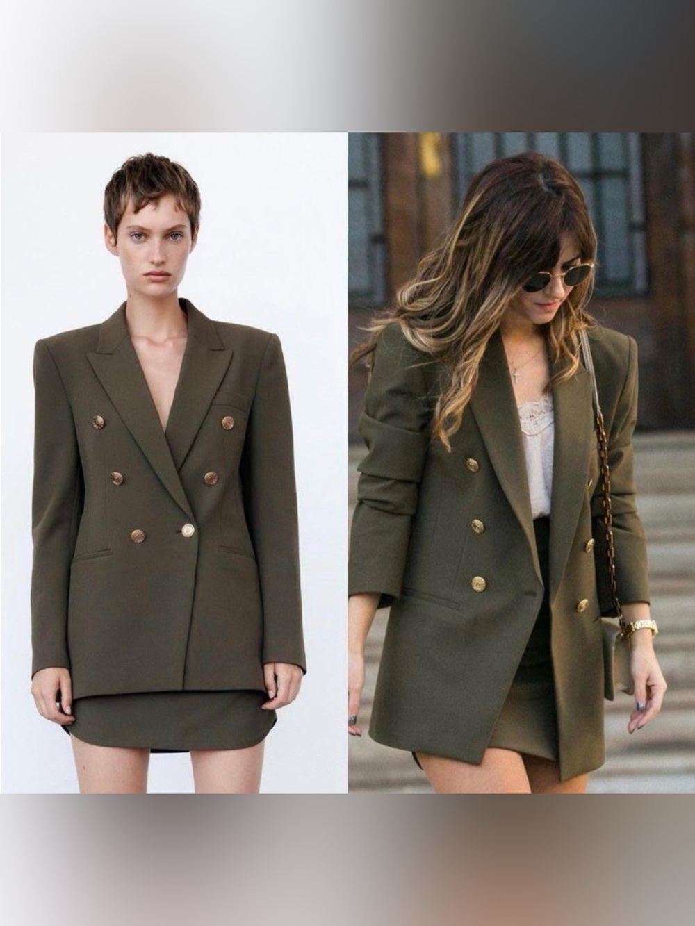 Zara Olive Double-Breasted Blazer with Gold Buttons